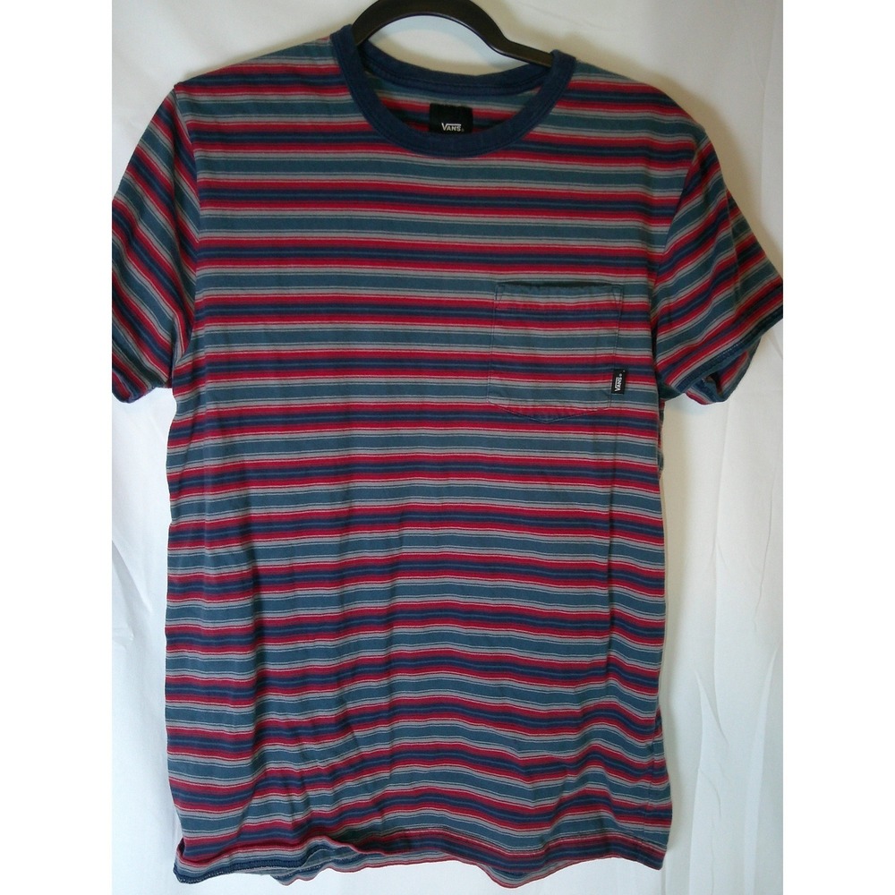 Vintage Vans Mens MedStriped Pocket T-Shirt Red Blue Grey Short Sleeve Skate Tee
